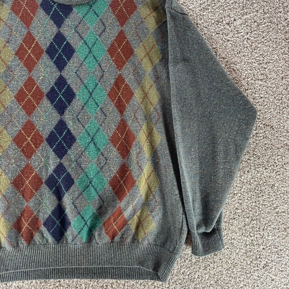 Pure New Wool Sweater Men Extra Large Gray Argyle Diamond Crew Neck Pullover VTG - Picture 4 of 10